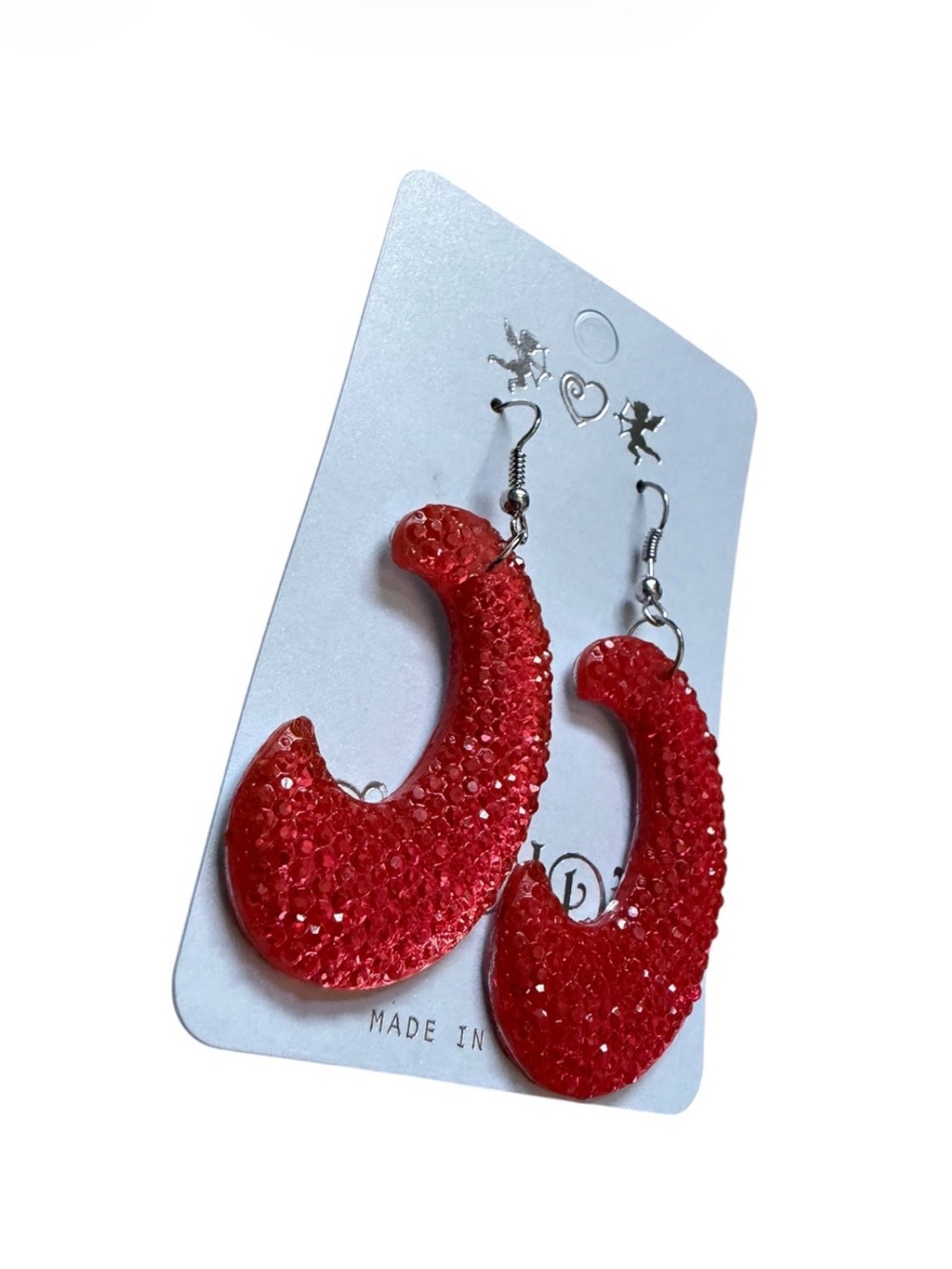 Red/Pink Rhinestone Crescent Hoop Dangle Earrings - Picture 3 of 3